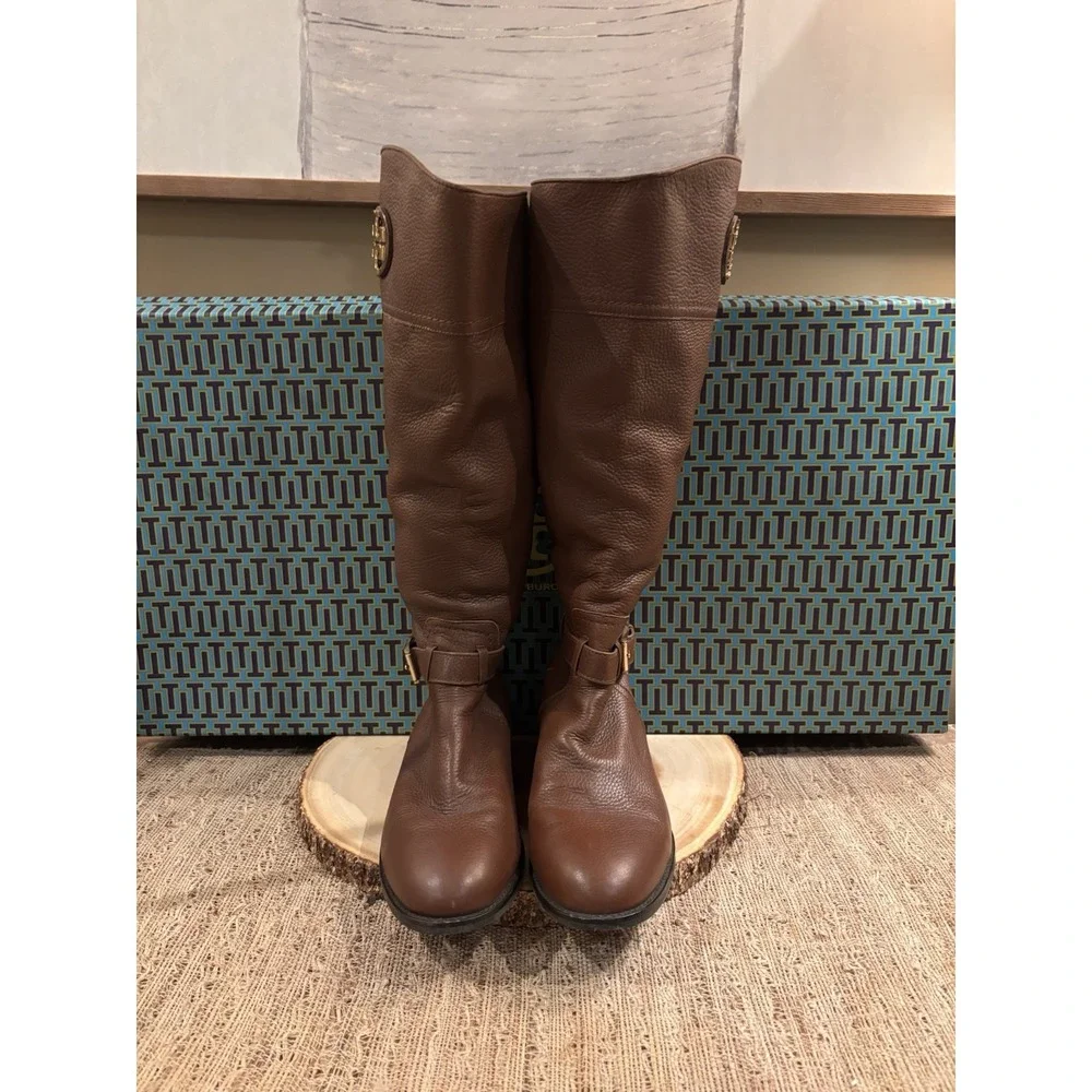 Tory Burch Adeline Almond Leather Gold Logo Buckle Knee High Riding Boots Sz-9.5
